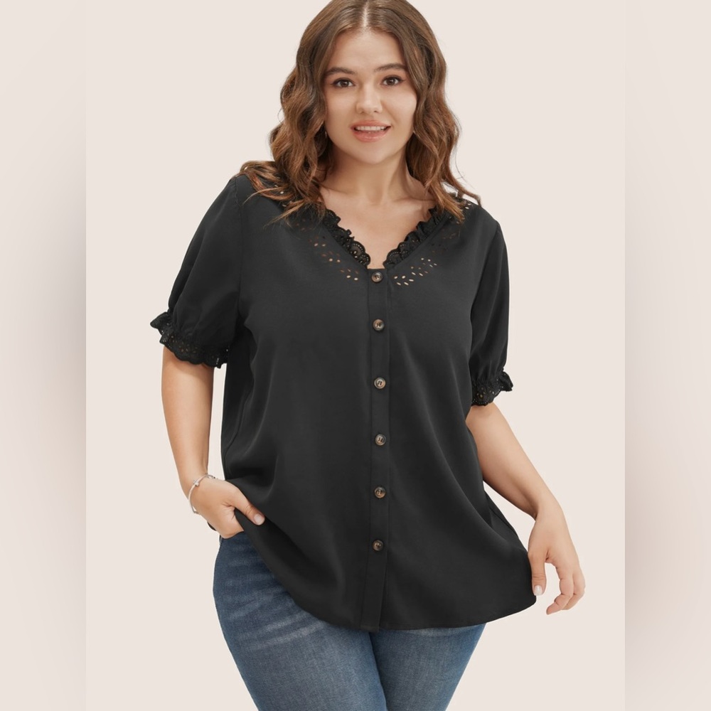 Solid Lace Trim Button Up Laser Cut Puff Sleeve Blouse